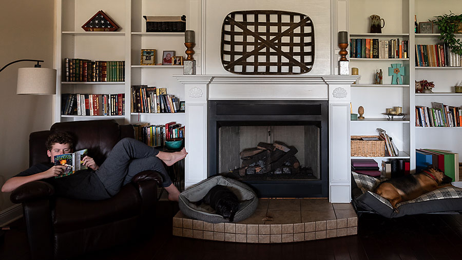 Boy reading with dogs